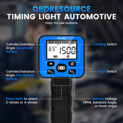OBDResource TL123 Automotive Timing Light – 12V/24V Ignition Timing Gun with Adjustable Advance, LED Display & High-Visibility Strobe Diagnostic Tool - OBDResource USA