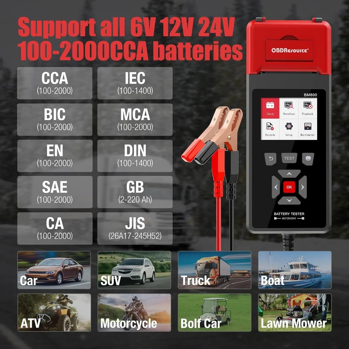 OBDResource BM800 Professional Battery Tester with Built-in Thermal Printer - 6V 12V 24V Battery Analyzer for Cars & Heavy Duty Trucks, 2.8" Color Screen Diagnostic Tool