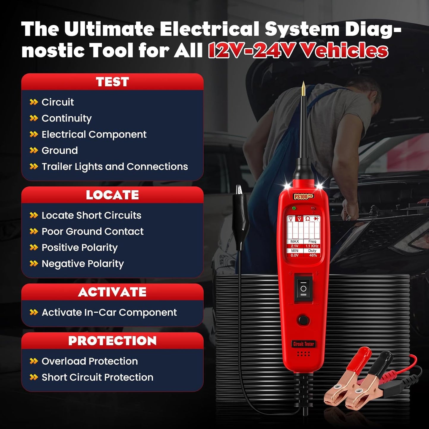 PS100PRO Automotive Electrical Circuit Tester | Power Circuit Probe, Component Activation & Short Circuit Location Tool