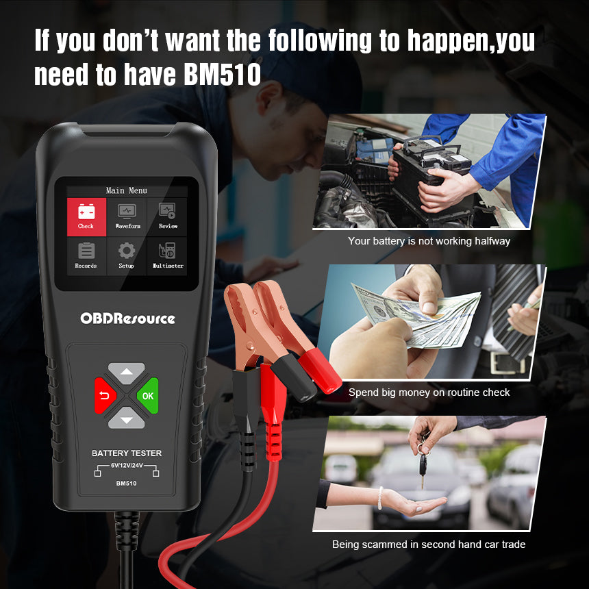 OBDResource BM510 Car Battery Tester 6V 12V 24V - Professional Automotive Battery Analyzer with Non-Polarity Connection & HD Color Screen