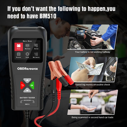 OBDResource BM510 Car Battery Tester 6V 12V 24V - Professional Automotive Battery Analyzer with Non-Polarity Connection & HD Color Screen - OBDResource USA