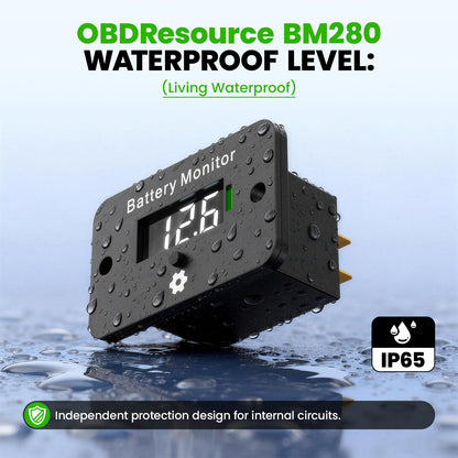 OBDResource BM280 battery tester displaying voltage and battery status on a digital screen for 12V-72V batteries.