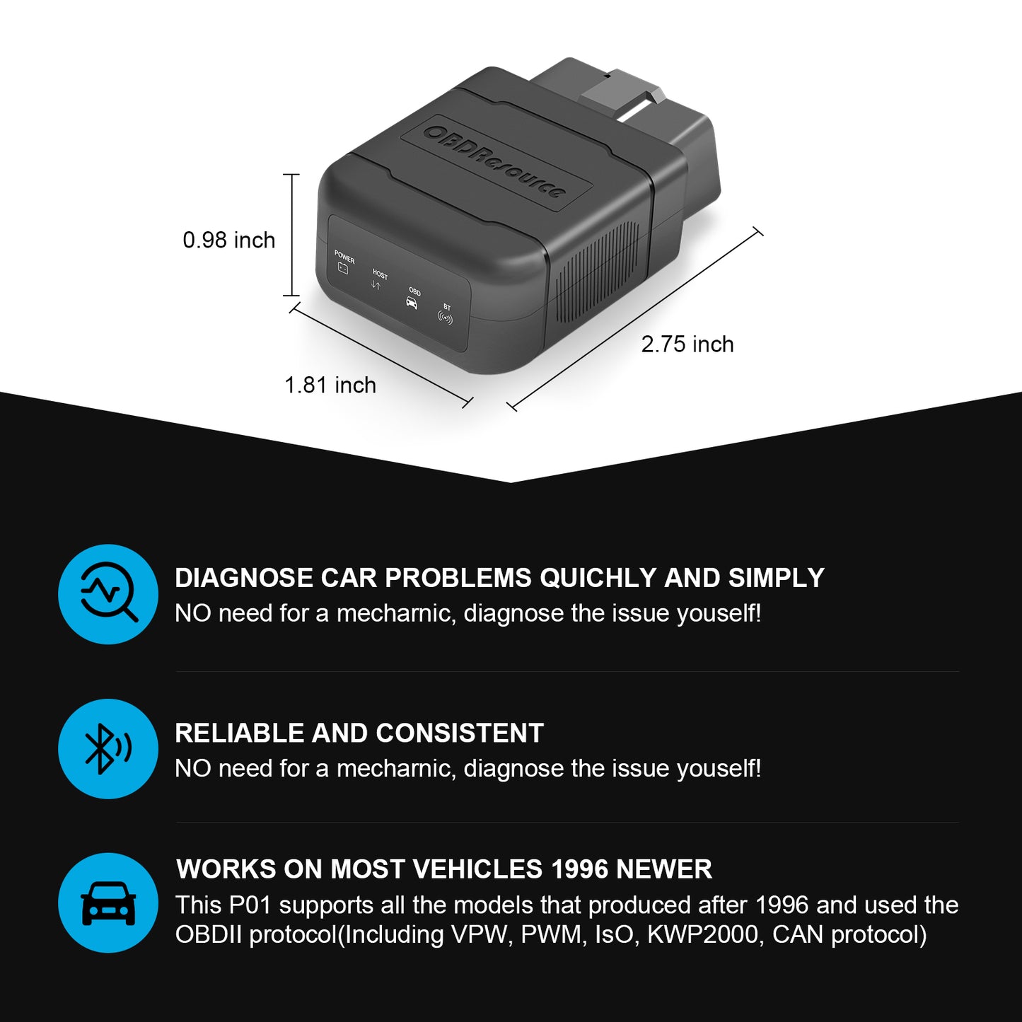 OBDResource P01 Bluetooth OBD2 VCI Dongle connected to a vehicle's OBD port, portable PIC18F25K80 scanner for vehicle diagnostics.