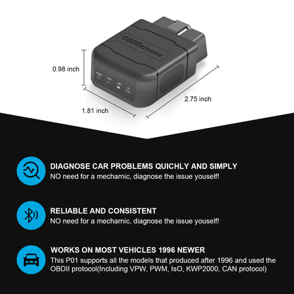 OBDResource P01 Bluetooth OBD2 VCI Dongle connected to a vehicle's OBD port, portable PIC18F25K80 scanner for vehicle diagnostics.