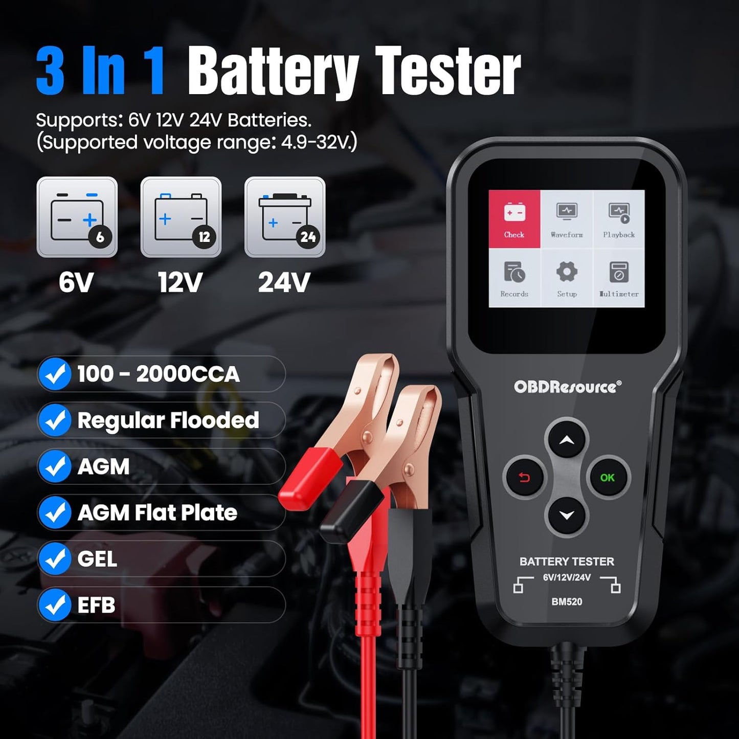 OBDResource BM520 Car Battery Tester 6V 12V 24V - Professional Automotive Battery Analyzer with Non-Polarity Connection & 2.4" HD Color Screen