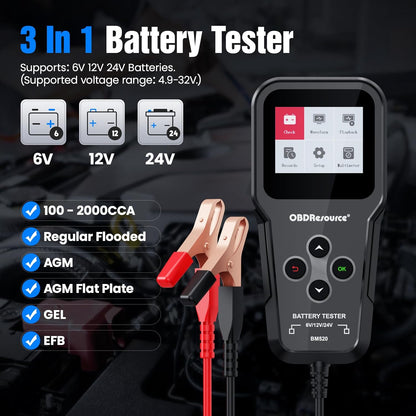 OBDResource BM520 Car Battery Tester 6V 12V 24V - Professional Automotive Battery Analyzer with Non-Polarity Connection & 2.4" HD Color Screen - OBDResource USA