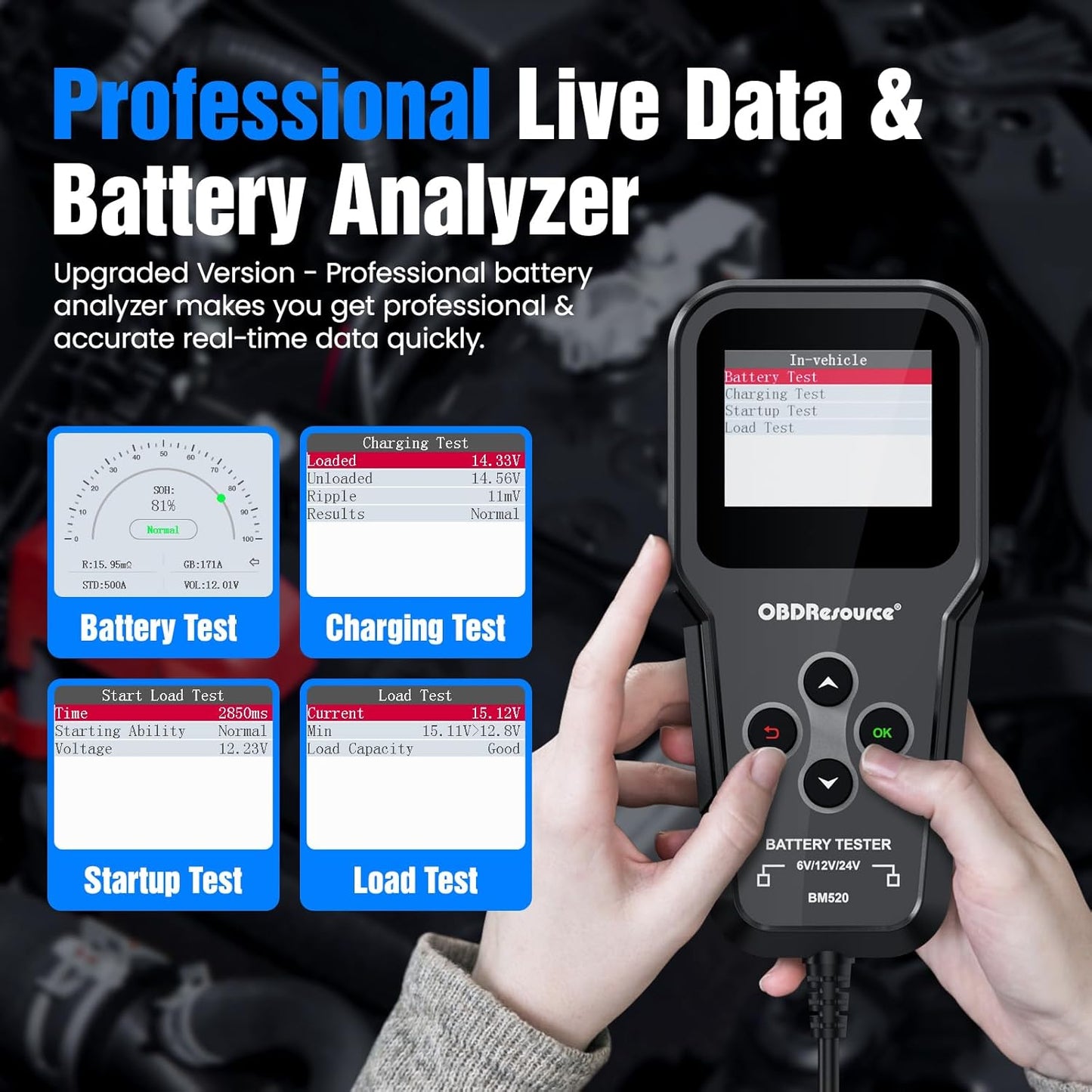 OBDResource BM520 Car Battery Tester 6V 12V 24V - Professional Automotive Battery Analyzer with Non-Polarity Connection & 2.4" HD Color Screen