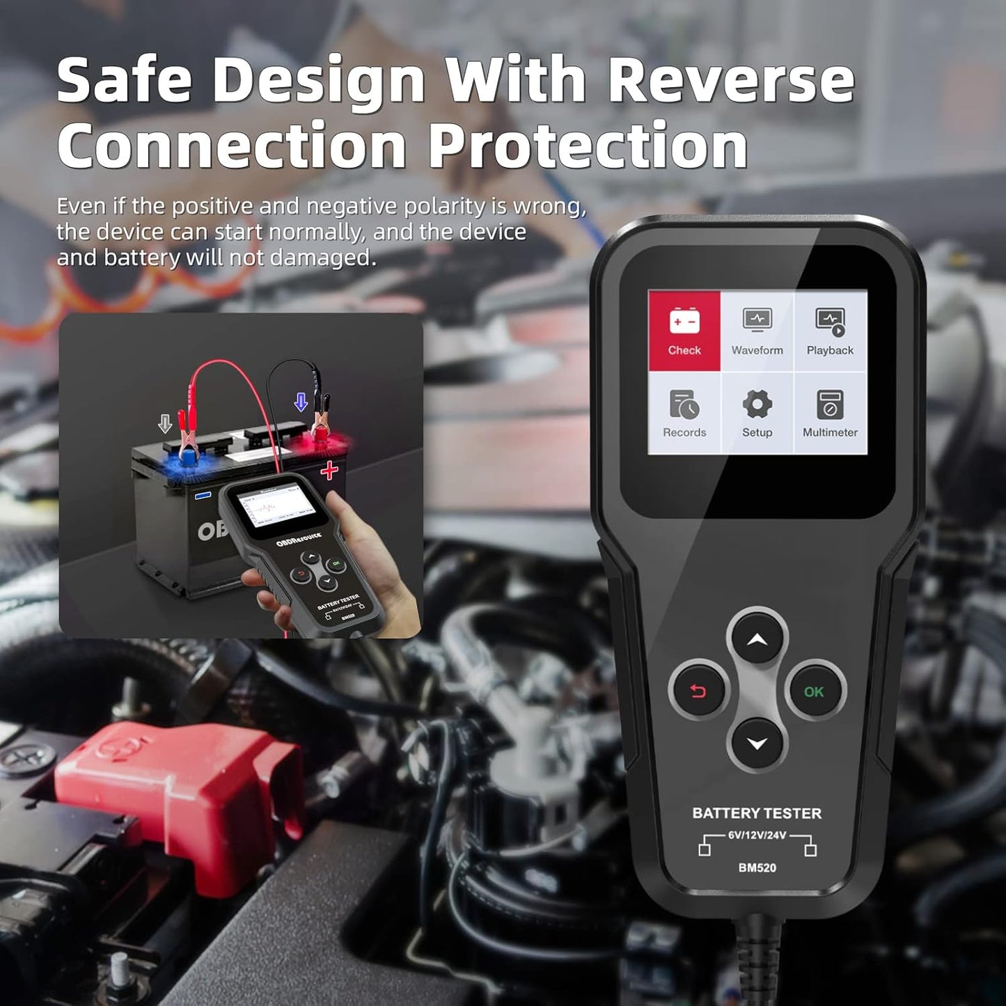 OBDResource BM520 Car Battery Tester 6V 12V 24V - Professional Automotive Battery Analyzer with Non-Polarity Connection & 2.4" HD Color Screen