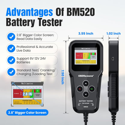 OBDResource BM520 Car Battery Tester 6V 12V 24V - Professional Automotive Battery Analyzer with Non-Polarity Connection & 2.4" HD Color Screen - OBDResource USA