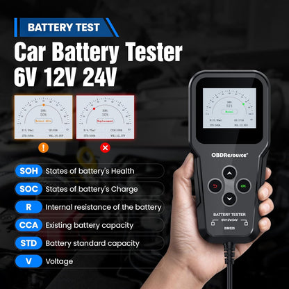 OBDResource BM520 Car Battery Tester 6V 12V 24V - Professional Automotive Battery Analyzer with Non-Polarity Connection & 2.4" HD Color Screen - OBDResource USA