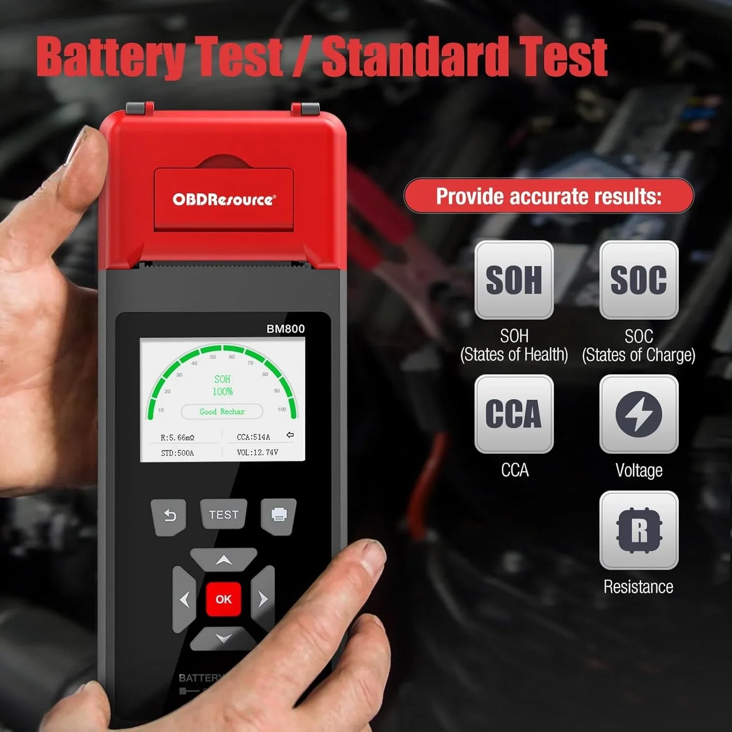 OBDResource BM800 Professional Battery Tester with Built-in Thermal Printer - 6V 12V 24V Battery Analyzer for Cars & Heavy Duty Trucks, 2.8" Color Screen Diagnostic Tool