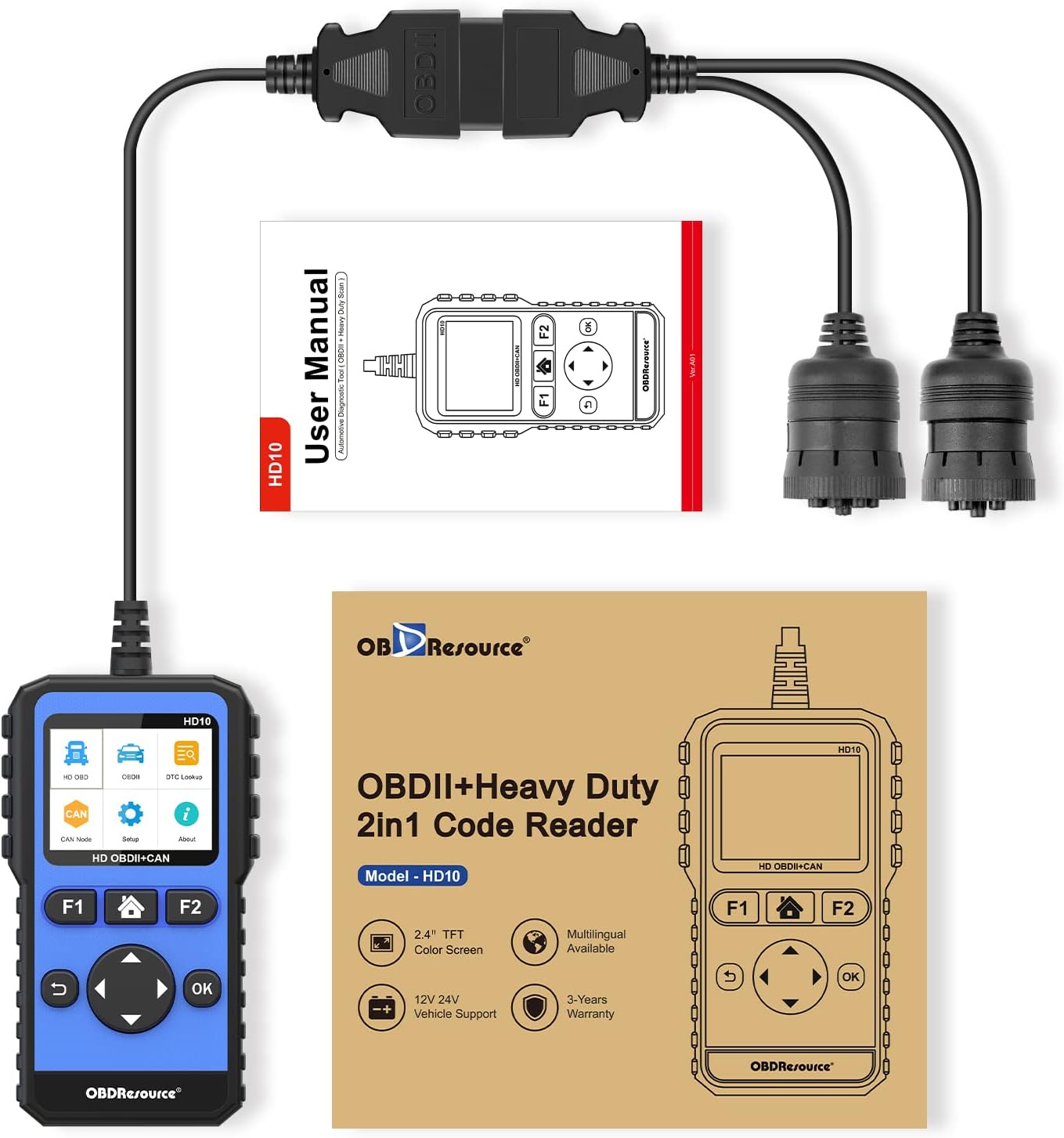 OBDResource HD10 heavy-duty truck scanner displaying diagnostic interface for commercial diesel vehicles including Cummins and Detroit engines.