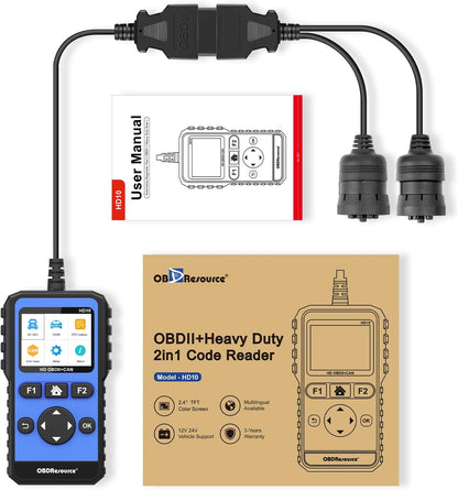 OBDResource HD10 heavy-duty truck scanner displaying diagnostic interface for commercial diesel vehicles including Cummins and Detroit engines.