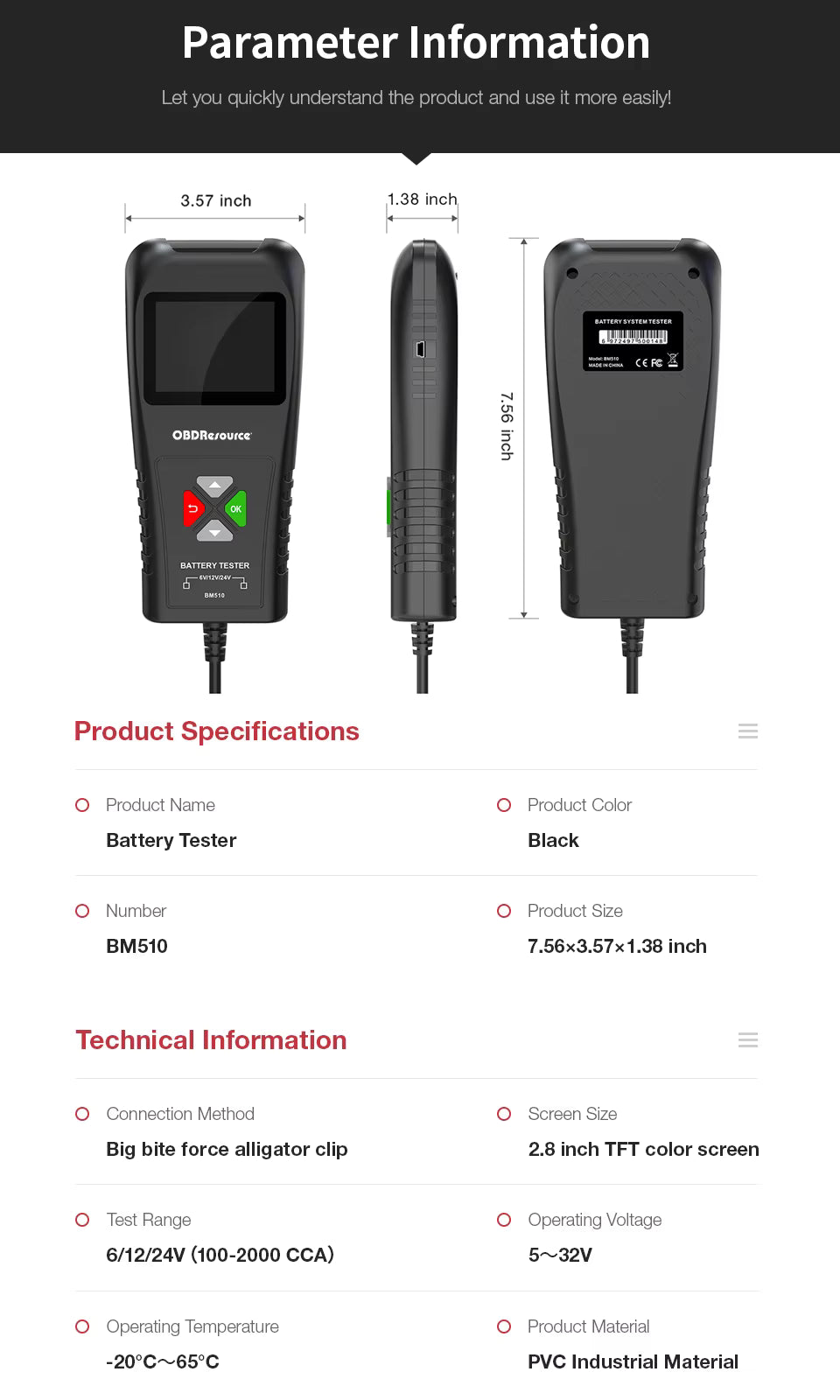 OBDResource BM510 Car Battery Tester 6V 12V 24V - Professional Automotive Battery Analyzer with Non-Polarity Connection & HD Color Screen
