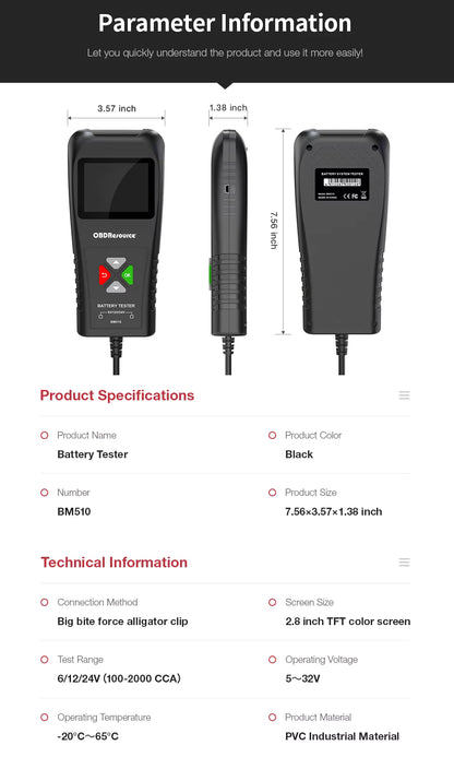OBDResource BM510 Car Battery Tester 6V 12V 24V - Professional Automotive Battery Analyzer with Non-Polarity Connection & HD Color Screen - OBDResource USA