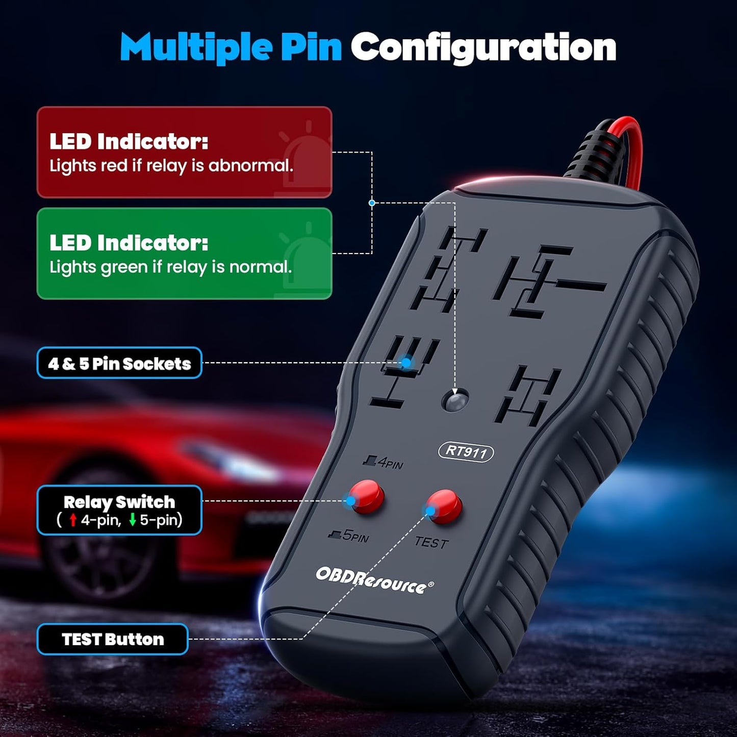 OBDResource RT911 Professional 12V/24V Automotive Relay Tester – Fast Relay Function Check & LED Indicator Diagnostic Tool