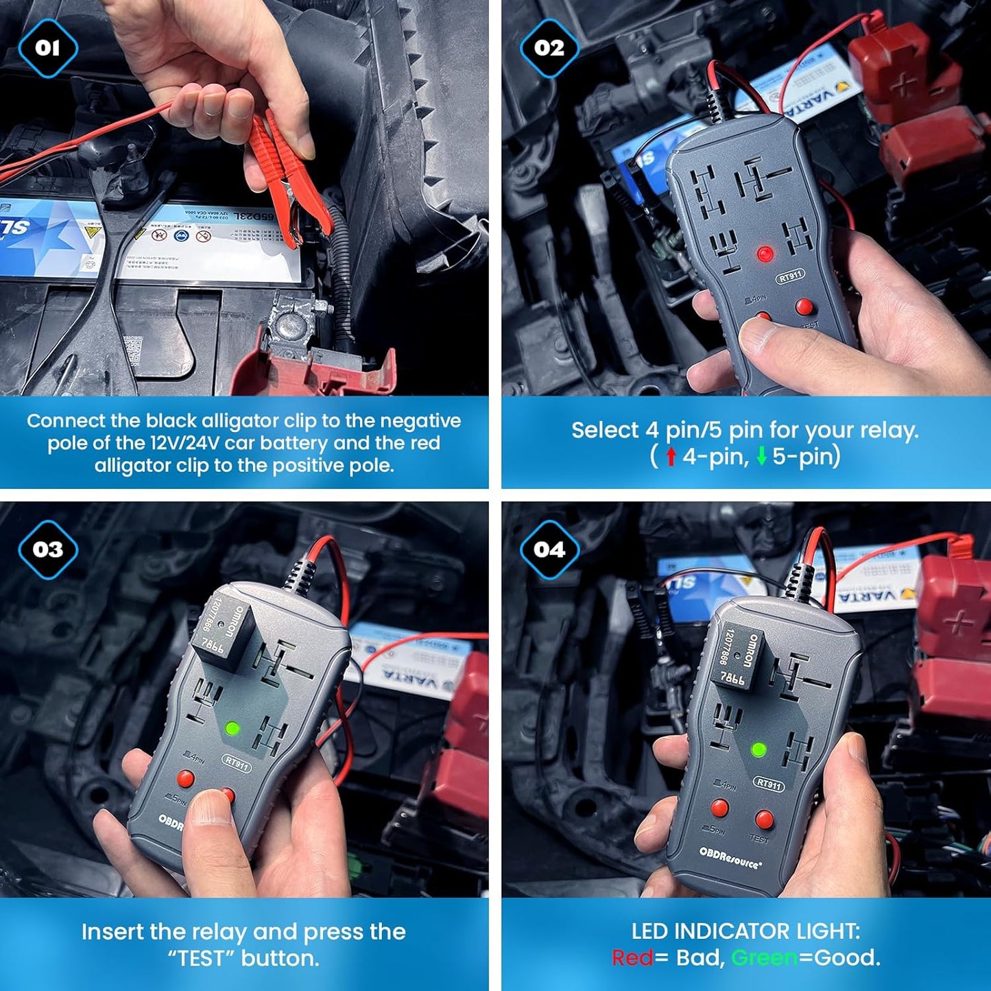OBDResource RT911 Professional 12V/24V Automotive Relay Tester – Fast Relay Function Check & LED Indicator Diagnostic Tool