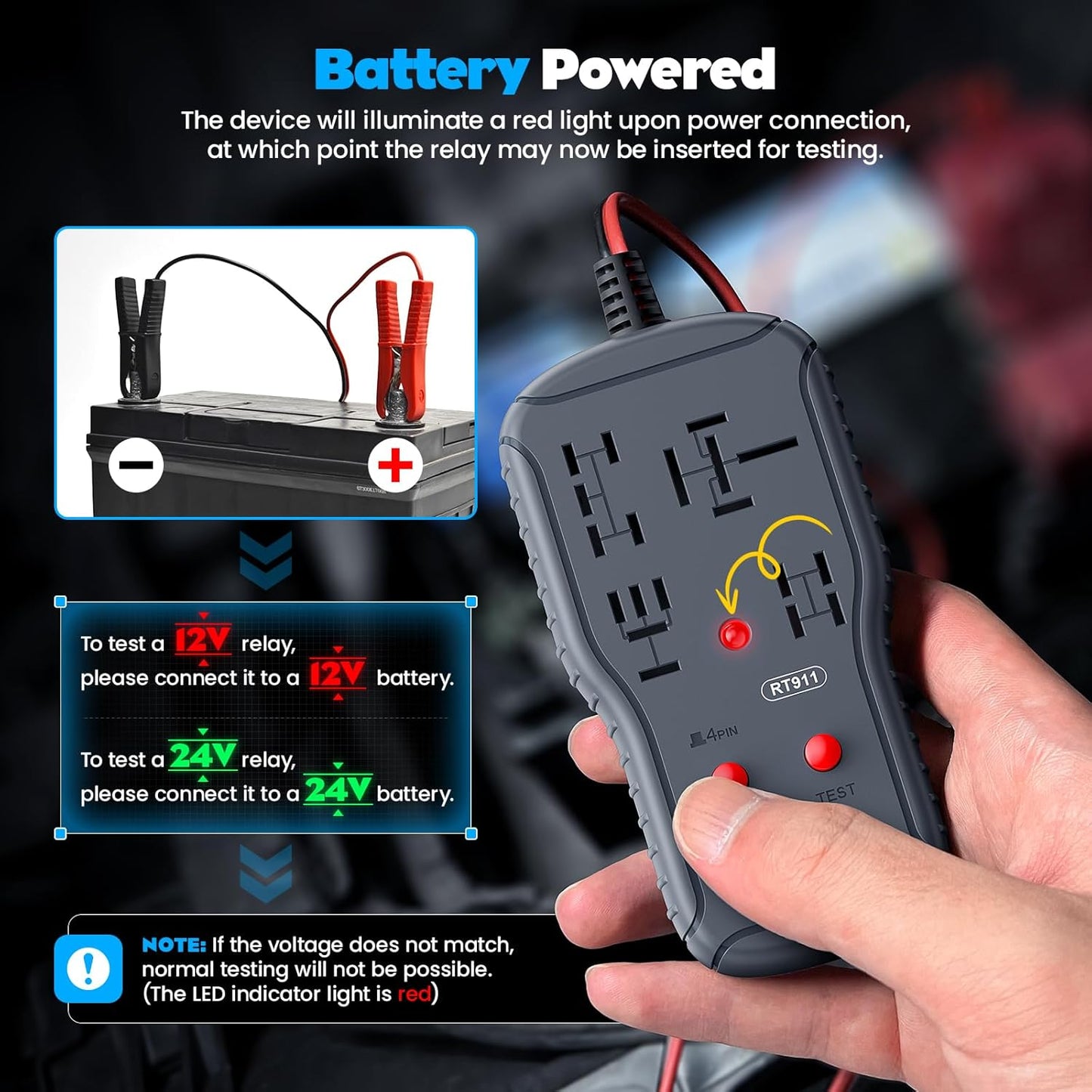 OBDResource RT911 Professional 12V/24V Automotive Relay Tester – Fast Relay Function Check & LED Indicator Diagnostic Tool