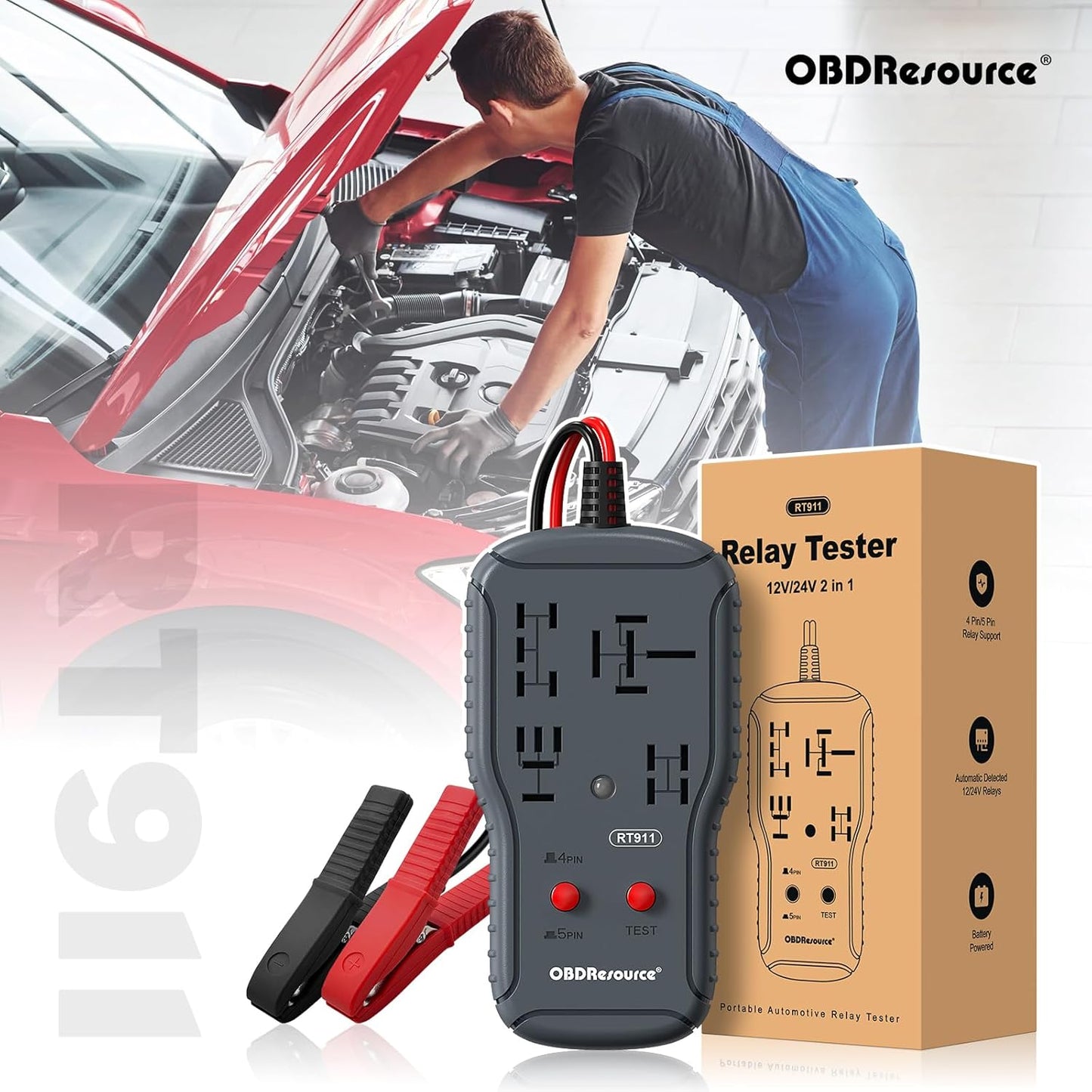 OBDResource RT911 Professional 12V/24V Automotive Relay Tester – Fast Relay Function Check & LED Indicator Diagnostic Tool