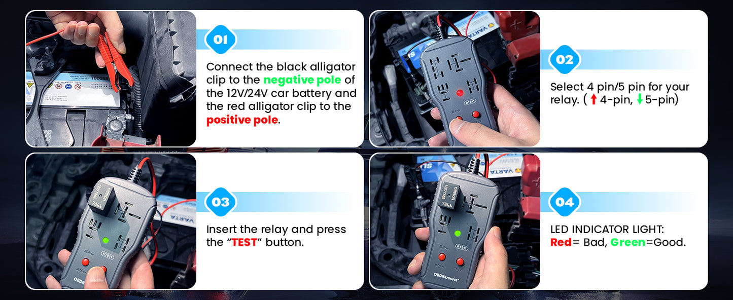 OBDResource RT911 Professional 12V/24V Automotive Relay Tester – Fast Relay Function Check & LED Indicator Diagnostic Tool