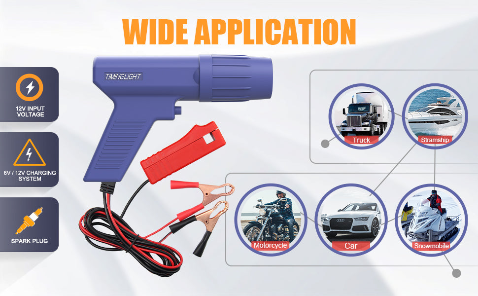 OBDResource N124 professional ignition timing light with 12V inductive clamp, used for car, motorcycle, and marine petrol engines.