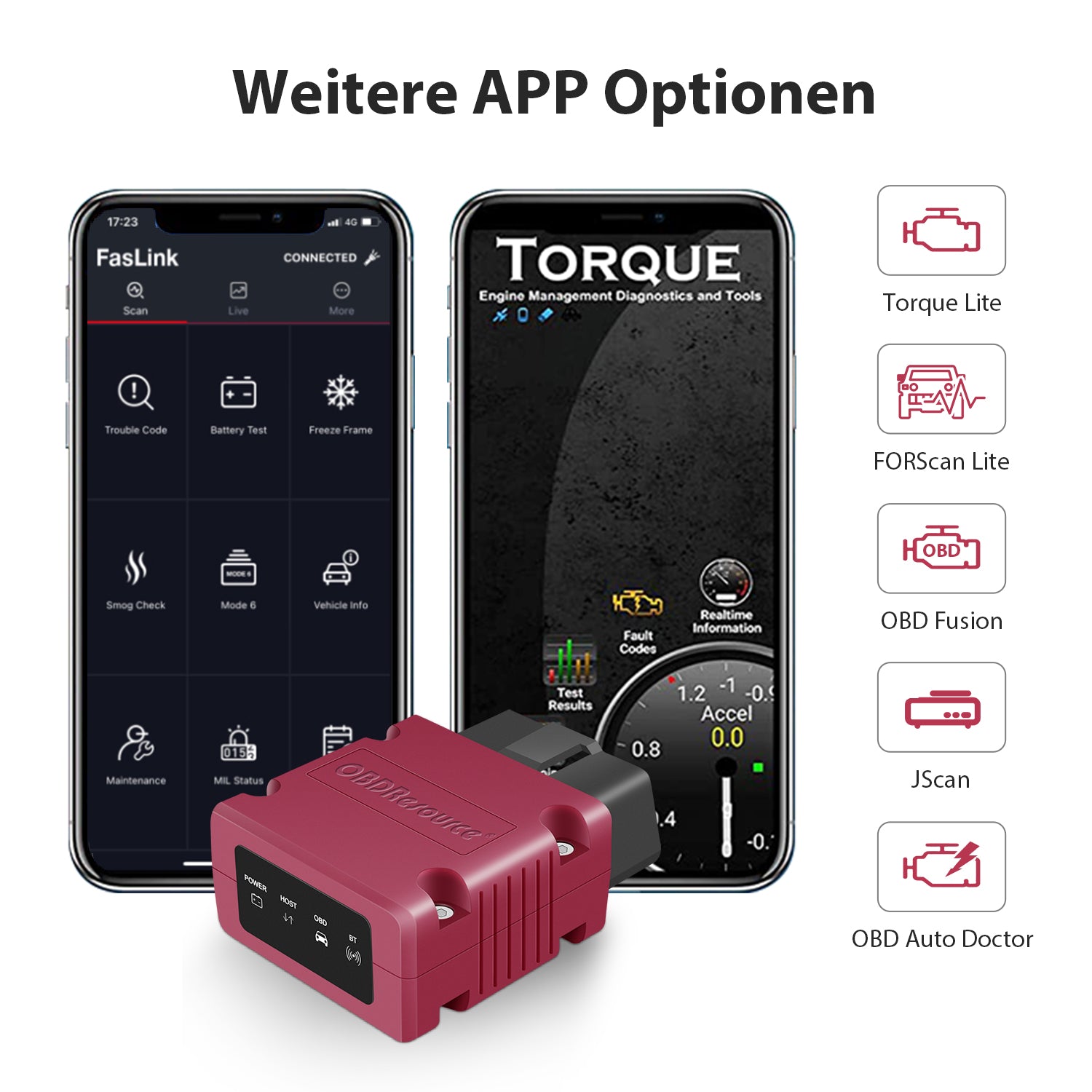 OBDResource P02 Bluetooth OBD2 VCI dongle connected to vehicle port, showing interface for OBD2 scanner diagnostics.