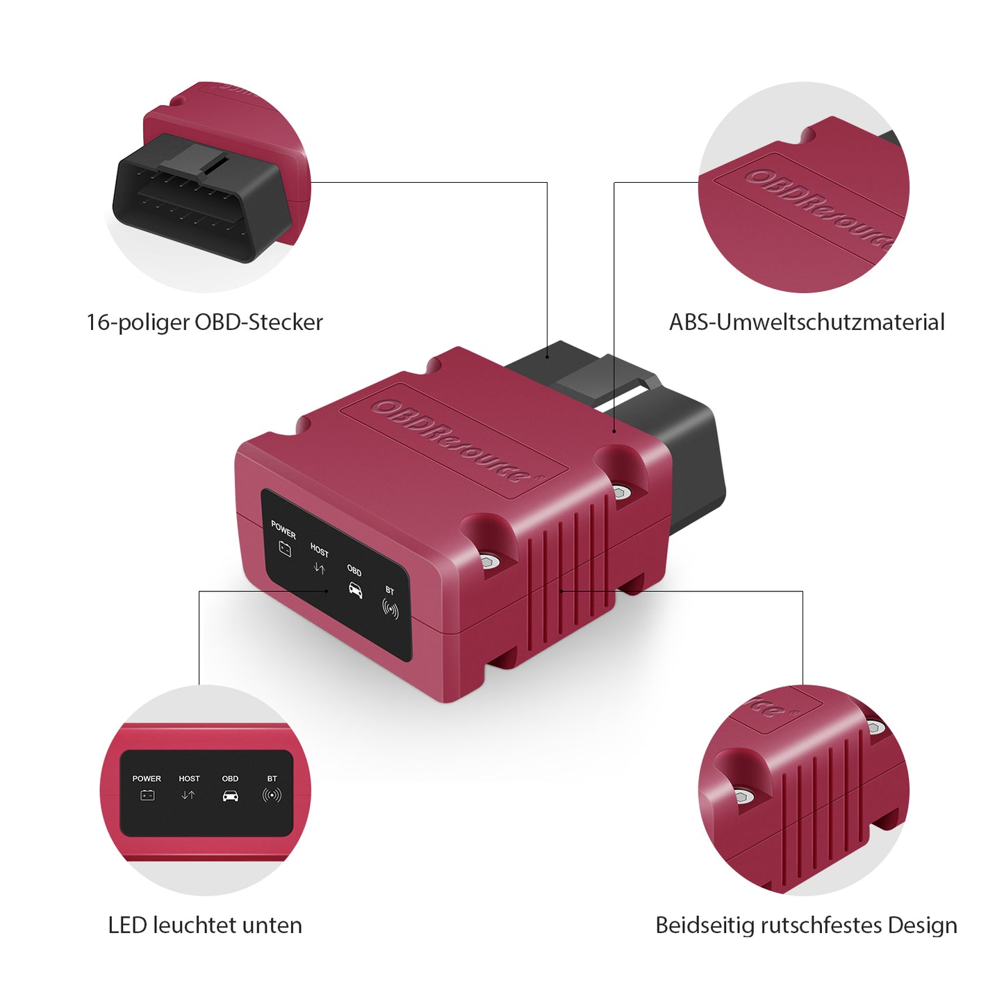 OBDResource P02 Bluetooth OBD2 scanner dongle connected to a vehicle’s OBD port, used for vehicle diagnostics and data reading.