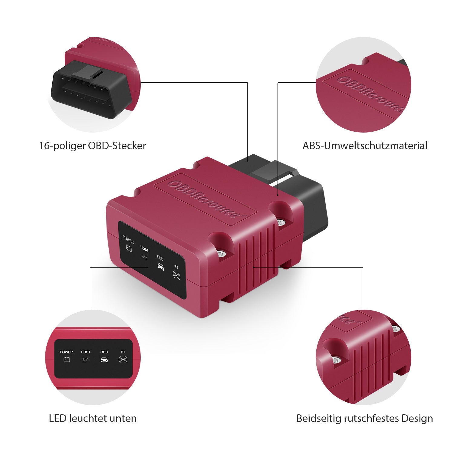 OBDResource P02 Bluetooth OBD2 scanner dongle connected to a vehicle’s OBD port, used for vehicle diagnostics and data reading.