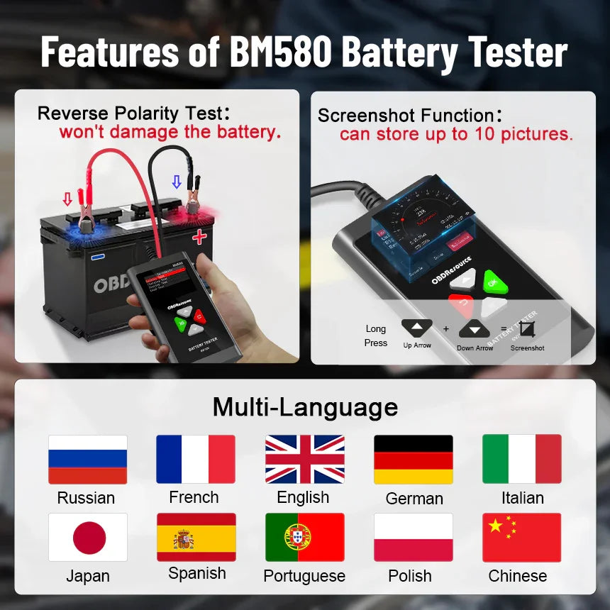 OBDResource BM580 Flagship 6V 12V Battery Tester - 2.4" Color Screen Analyzer with Waveform Storage & Playback, Professional Cranking/Charging System Diagnostic Tool