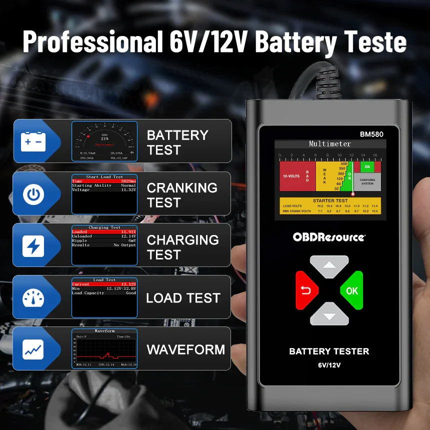 OBDResource BM580 Flagship 6V 12V Battery Tester - 2.4" Color Screen Analyzer with Waveform Storage & Playback, Professional Cranking/Charging System Diagnostic Tool