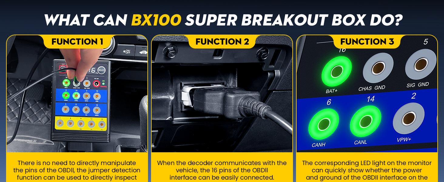 OBDResource BX100 OBD-II Breakout Box & CAN Protocol Detector – Voltage Constant & Short-Circuit Protection Diagnostic Tool with 12 Extension Cables - OBDResource USA