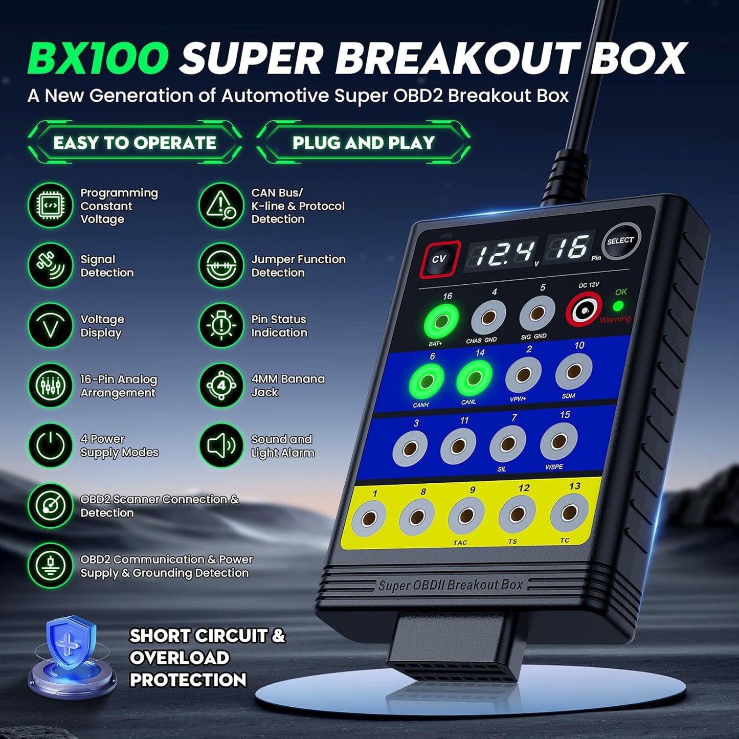 OBDResource BX100 OBD-II Breakout Box & CAN Protocol Detector – Voltage Constant & Short-Circuit Protection Diagnostic Tool with 12 Extension Cables - OBDResource USA
