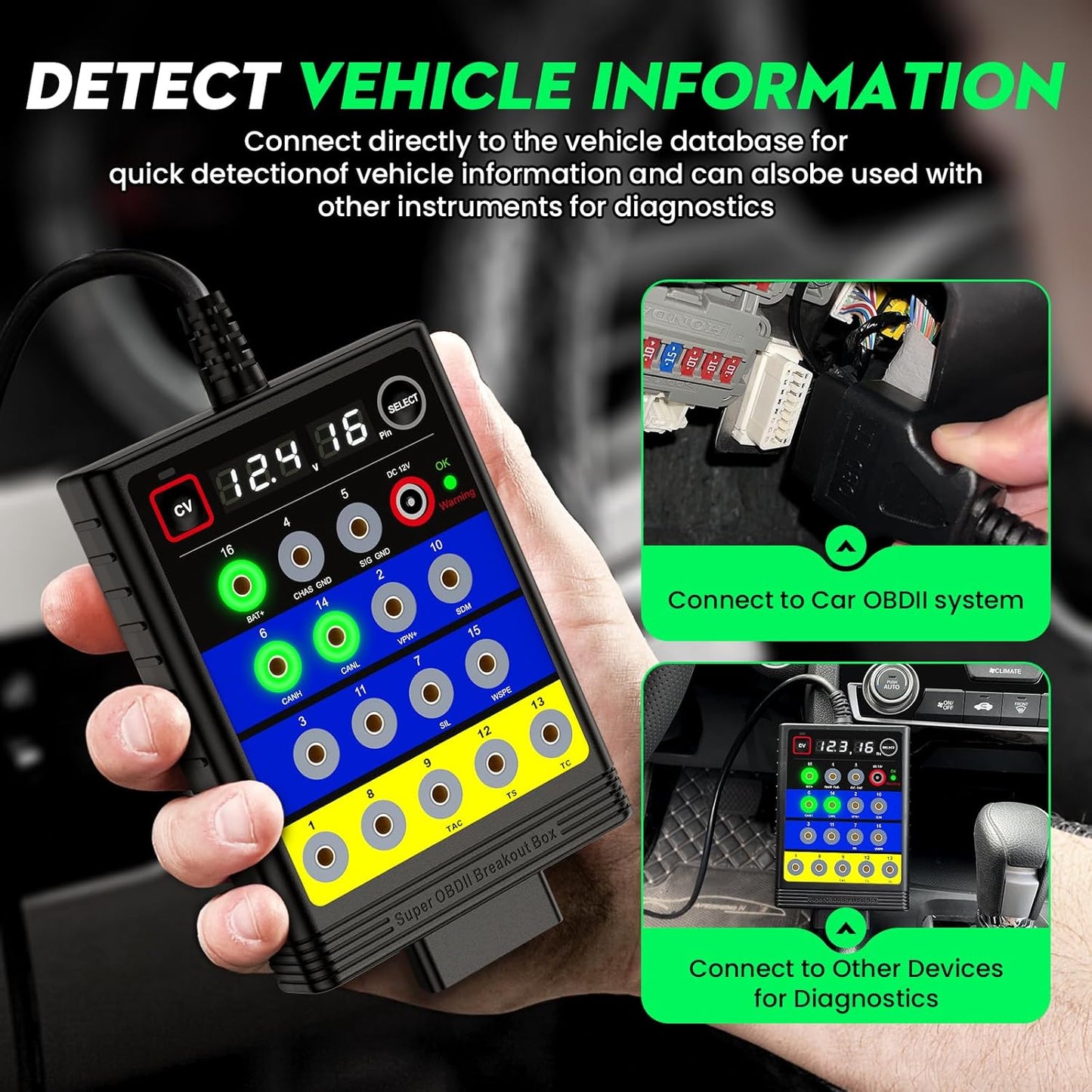 OBDResource BX100 OBD-II Breakout Box & CAN Protocol Detector – Voltage Constant & Short-Circuit Protection Diagnostic Tool with 12 Extension Cables - OBDResource USA