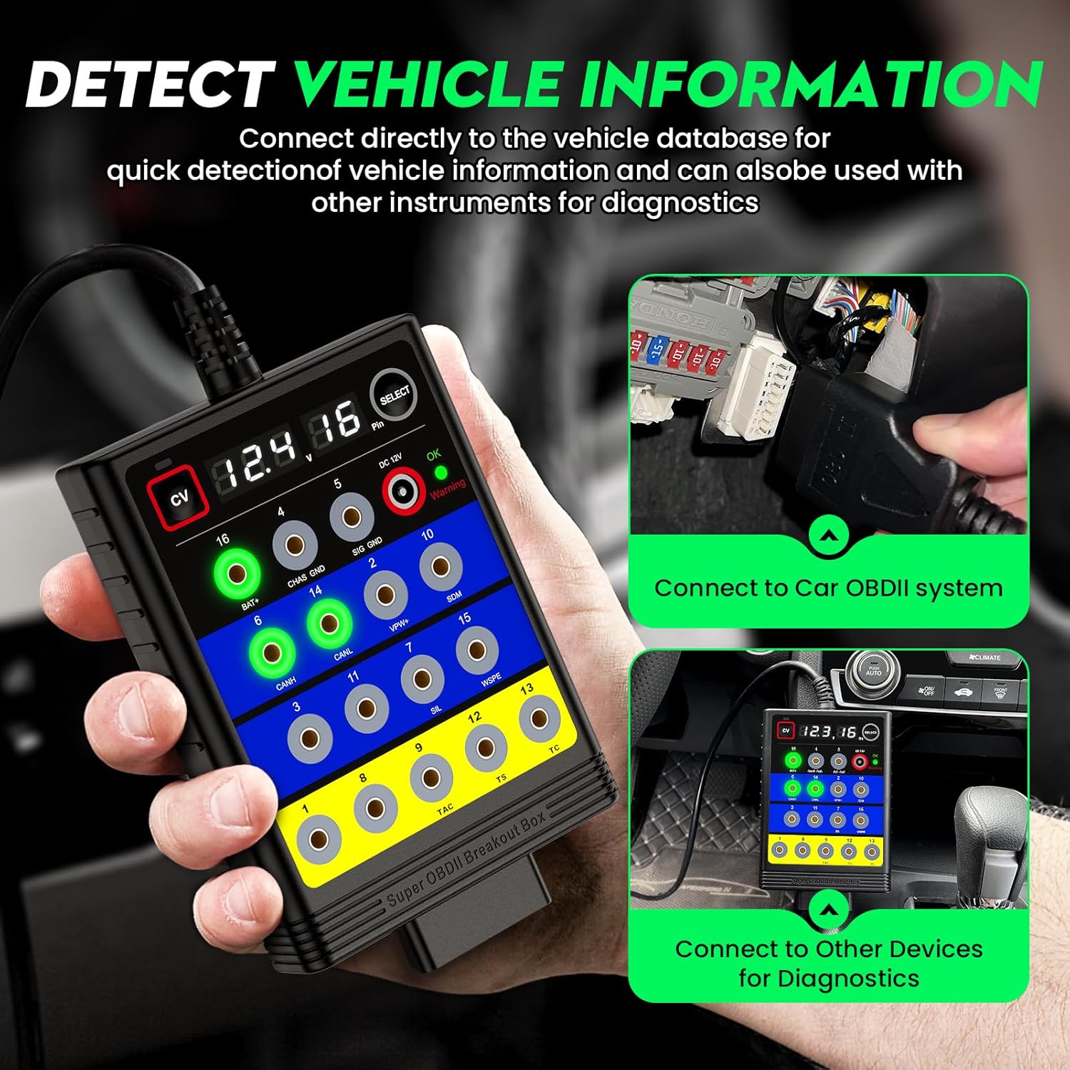 OBDResource BX100 OBD-II Breakout Box & CAN Protocol Detector – Voltage Constant & Short-Circuit Protection Diagnostic Tool with 12 Extension Cables - OBDResource USA
