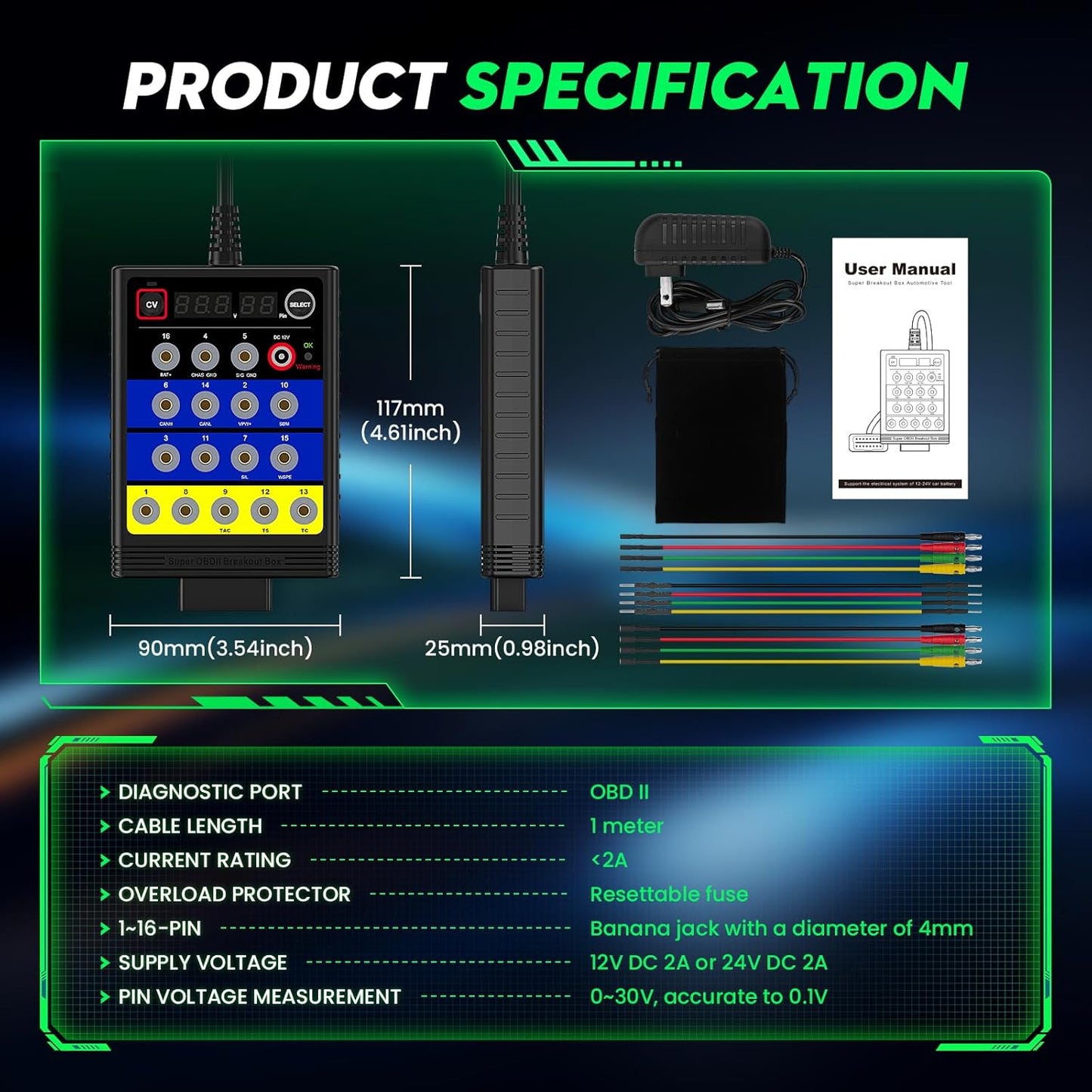 OBDResource BX100 OBD-II Breakout Box & CAN Protocol Detector – Voltage Constant & Short-Circuit Protection Diagnostic Tool with 12 Extension Cables - OBDResource USA