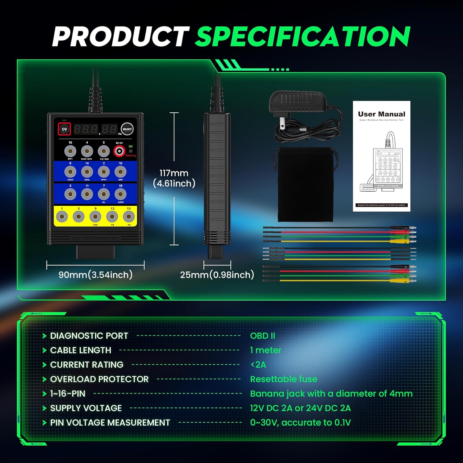 OBDResource BX100 OBD-II Breakout Box & CAN Protocol Detector – Voltage Constant & Short-Circuit Protection Diagnostic Tool with 12 Extension Cables - OBDResource USA