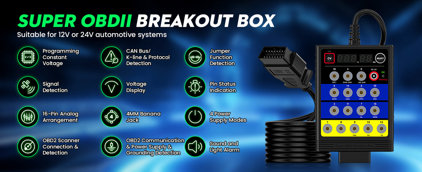 OBDResource BX100 OBD-II Breakout Box & CAN Protocol Detector – Voltage Constant & Short-Circuit Protection Diagnostic Tool with 12 Extension Cables - OBDResource USA