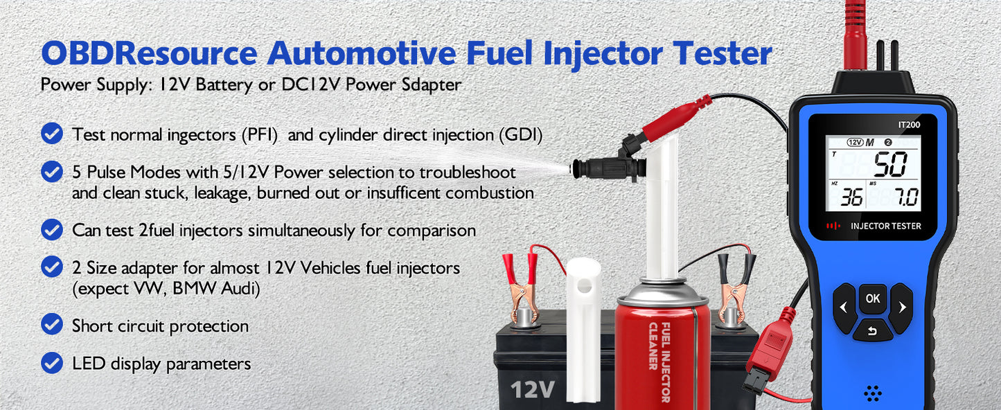 OBDResource Automotive Fuel Injector Tester & Adapter Kit – 5V/12V Pulse Injector Diagnostic Tool with LED Display & 10 Adjustable Pulse Modes - OBDResource USA