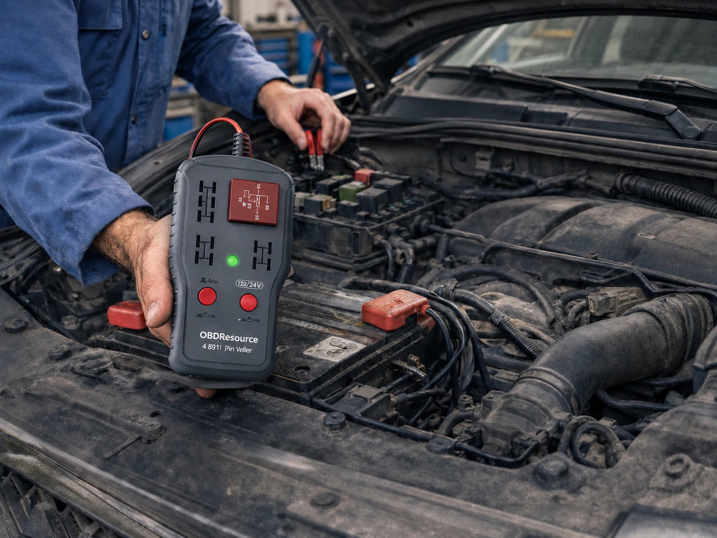 Technician using an OBDResource RT911 relay tester