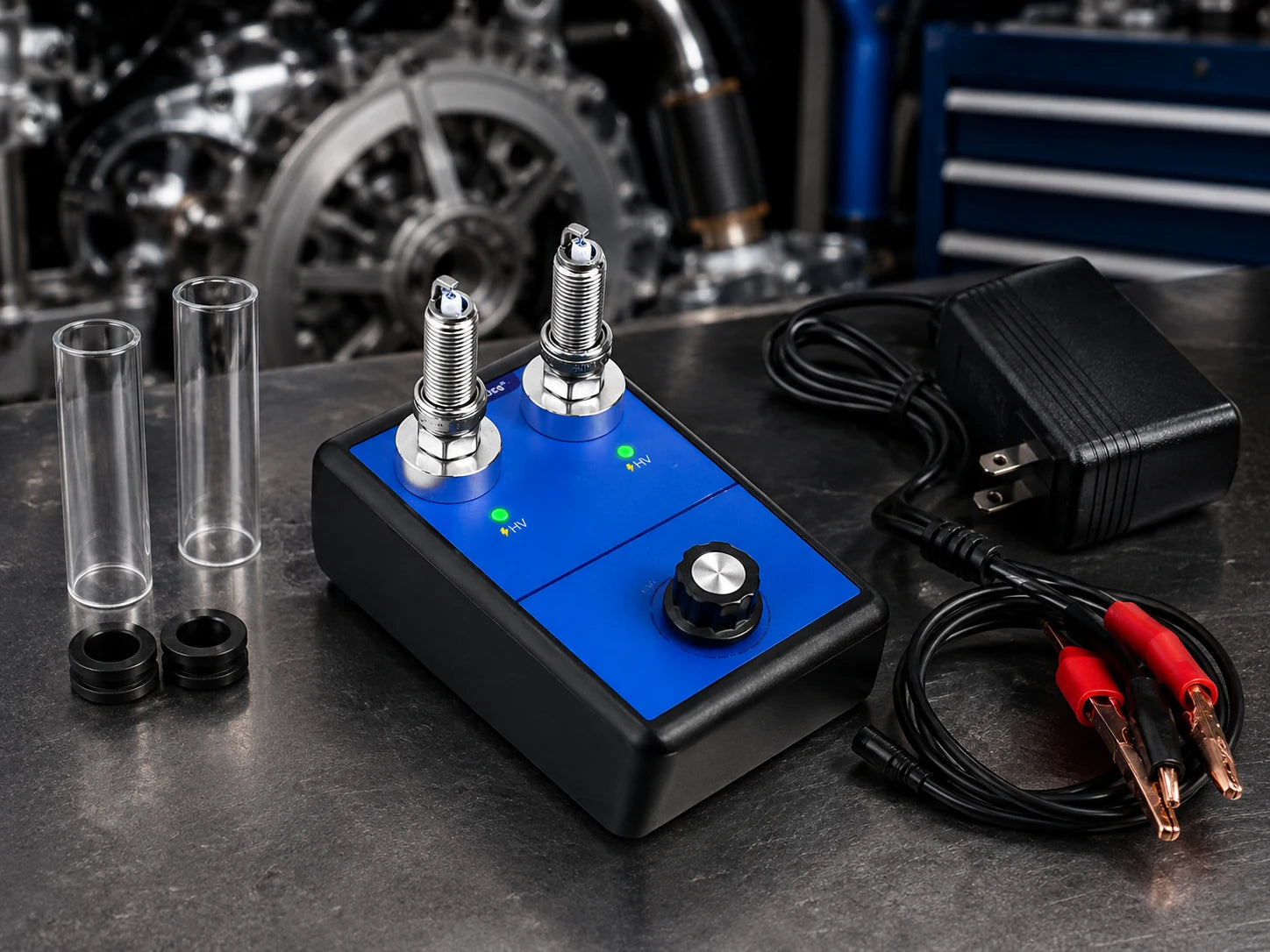 OBDResource spark plug tester on a workshop bench