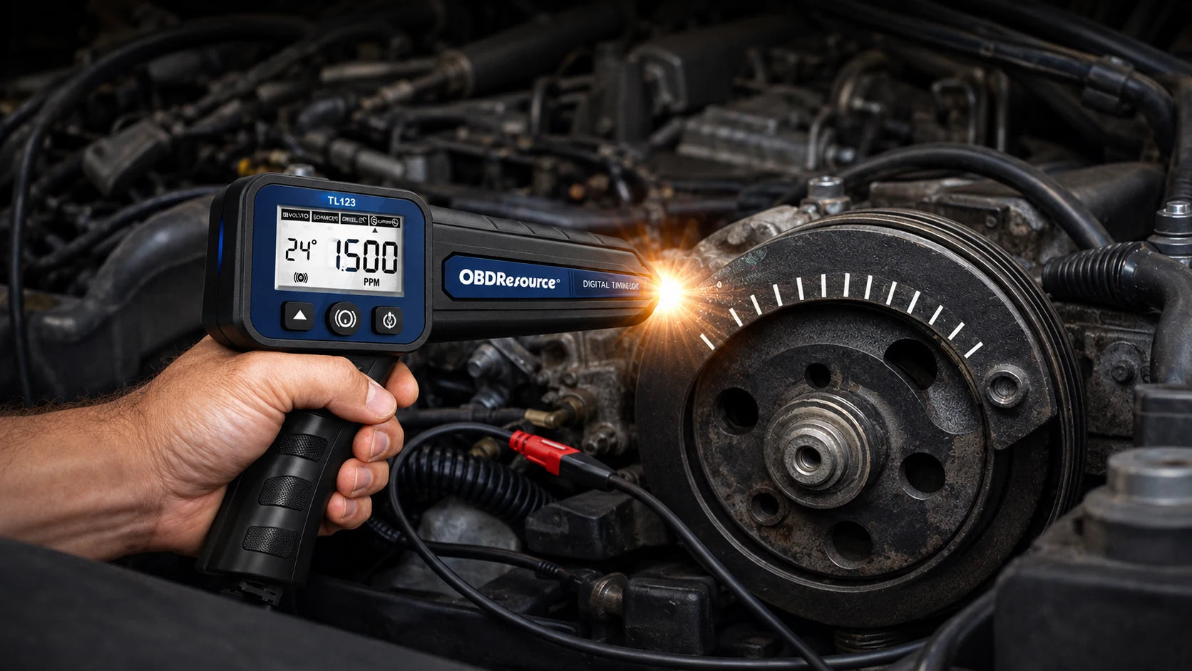 OBDResource TL123 timing light in use on an engine