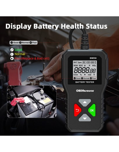 BM500 6V 12V 24V Car Battery Tester, 100-2000 CCA Voltage Tester 2Ah-220Ah  Digital Auto Battery Analyzer